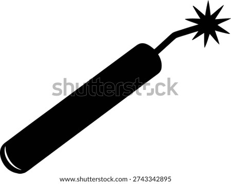 A minimalist black silhouette vector icon of a lit stick of dynamite with a sparking fuse, signifying danger or explosion.