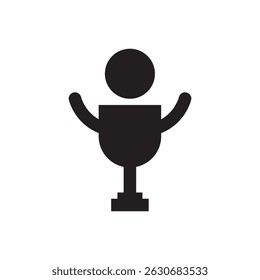 minimalist black silhouette vector illustration of a trophy shaped like a human figure with raised arms, symbolizing victory, success, and achievement. 