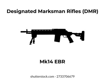 Una Ilustración vectorial de silueta negra minimalista de un Mk14 Enhanced Battle Rifle EBR con un bípode y culata ajustable, identificado como un rifle de tirador designado.