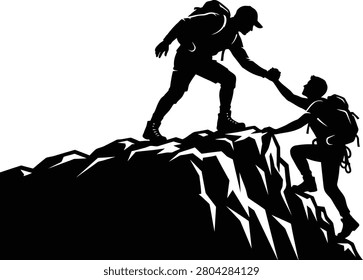 A minimalist black silhouette vector illustration of two climbers helping each other ascend a steep rocky mountain
