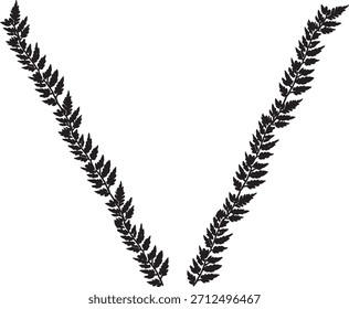Vector de silueta negra minimalista de dos ramas simétricas de trigo o helecho que forman una forma de V. Un diseño simple y elegante que representa la naturaleza, la cosecha y el estilo de corona de laurel. 