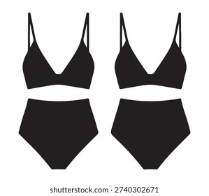 Minimalist black silhouette vector of two piece swimsuits with high waist bikini panties and halter neck bras