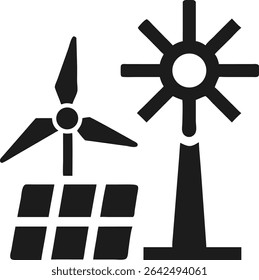 Minimalist black silhouette of wind turbine and solar panel icon design