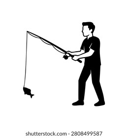 Minimalist black silhouette of a young man or fisherman standing and holding a fishing rod while catching a small fish. This clean, high-quality graphic asset is perfect for outdoor sport branding, fishing club logos, adventure blogs, angling equipment promotions, stencils, tattoos, and various commercial creative design projects.
