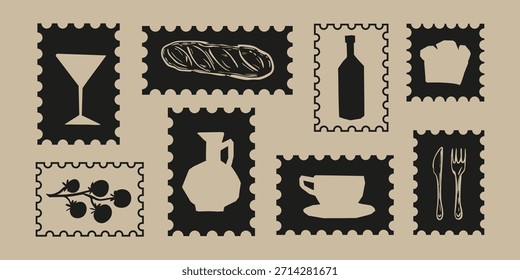 Siluetas negras minimalistas de pan, vino, vidrio, taza, botella y artículos de cocina en marcos de sellos retro. Perfecto para branding, packaging, menús, etiquetas y posters.
