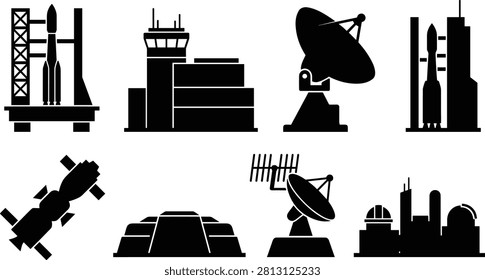 Minimalist black silhouettes of space exploration infrastructure icons including rockets, launch pads, satellite dishes, observatories, and mission control buildings