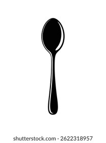 A minimalist black single solid teaspoon silhouette stands centered. It features an oval bowl and a slender, elongated handle, all set against a transparent backdrop.