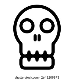 A minimalist black skull icon, The flat design features two large circular eyes and simplified nose and teeth. Suitable for danger symbols, warning signs, or spooky graphic elements.
