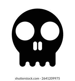 A minimalist black skull icon, The flat design features two large circular eyes and simplified nose and teeth. Suitable for danger symbols, warning signs, or spooky graphic elements.