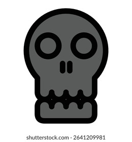 A minimalist black skull icon, The flat design features two large circular eyes and simplified nose and teeth. Suitable for danger symbols, warning signs, or spooky graphic elements.