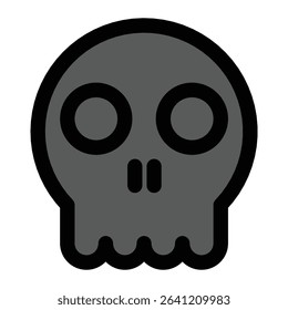 A minimalist black skull icon, The flat design features two large circular eyes and simplified nose and teeth. Suitable for danger symbols, warning signs, or spooky graphic elements.