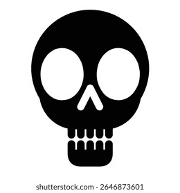 A minimalist black skull icon, The flat design features two large circular eyes and simplified nose and teeth. Suitable for danger symbols, warning signs, or spooky graphic elements.	