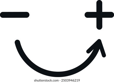 Minimalist black smiley face with a positive and negative sign above curved arrow