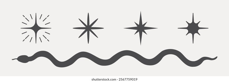 Minimalist black snake and star symbols. Snake and stars in simple design. Elegant snake and star motifs in black. Artistic snake and star shapes. Spirituality vector set.