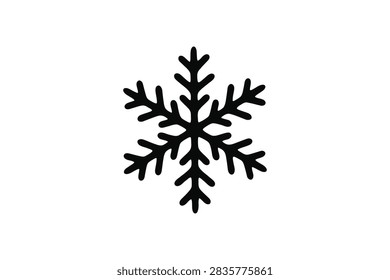 A minimalist black snowflake graphic featuring six symmetrical branches with small offshoots, representing winter and cold weather