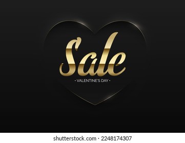 Minimalist black soft 3D heart shape abstract frame. Sale golden text. Valentine's day sale vector design illustration. Luxury geometric minimal promo poster, greeting card, banner