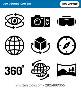Minimalist Black Solid VR Virtual Reality and Three Hundred Sixty Degree View Icon Set Collection