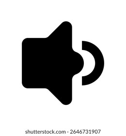 Minimalist black speaker icon with a single rounded sound wave. This simple graphic represents audio output, mute status, or sound control for modern user interfaces and digital applications