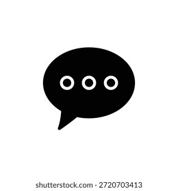 Um ícone de balão de fala preto minimalista com três pontos brancos, colocado sobre um fundo branco limpo, representando comunicação e diálogo em design digital.