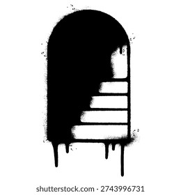 minimalist black spray painted stencil of an arched doorway with a staircase leading into darkness. Featuring realistic paint drips, splatter effects, and a gritty street art texture on a white background. Perfect for concepts of mystery, transition, urban underground culture, or metaphorical journeys.
