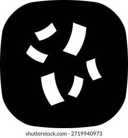 Un icono cuadrado negro minimalista con esquinas redondeadas que presenta varias Formas blancas, dispersas y rectangulares que se asemejan a confeti o piezas de papel abstracto.
