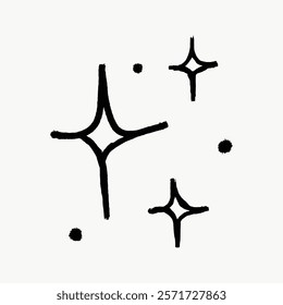 Minimalist black star doodles on white. Simple, hand-drawn stars and dots create a whimsical, artistic pattern. Perfect for creative designs. Simple black line art doodle vector.