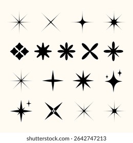 Minimalist Black Star Icons and Sparkle Symbols Pack in Retro Style.Vector set of black star icons featuring sparkle, twinkle, and burst shapes in various symmetrical and abstract styles