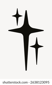 Minimalist black star shapes on a white background. Three stars, varying sizes. Simple, modern design. Star shapes add a clean, stylish touch. Starburst illustration vector.