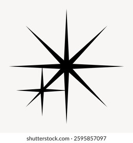 Minimalist black starburst design with sharp, angular lines. Starburst pattern creates a striking visual. Perfect for modern, minimalist decor. Star element vector.