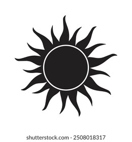 A minimalist black sun icon featuring bold rays radiating outward, set against a white background. This simple yet striking design can be used in various graphic projects or logos.