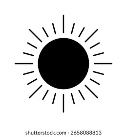 Un icono de sol negro minimalista con rayos que irradian hacia afuera, simbolizando calor y brillo.