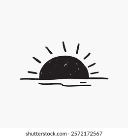 Minimalist black sun rising over horizon. Simple lines, abstract design. Sun and horizon in a clean, artistic style. Minimalist sun illustration. Simple black line art doodle vector.