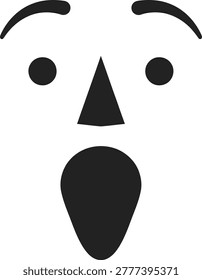Minimalist black of a surprised human face with wide eyes and an open mouth on black