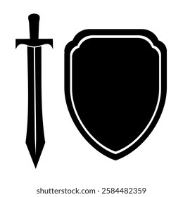 Minimalist black sword silhouette vector for design project. Sword shield set medieval icon clip art. Shield. Defense attack icon EPS10