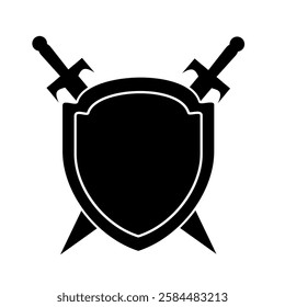 Minimalist black sword silhouette vector for design project. Dual sword with shield medieval icon clip art. Shield. Defense attack icon EPS10
