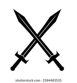 Minimalist black sword silhouette vector for design project. Dual sword medieval icon clip art. Shield. Defense attack icon EPS10