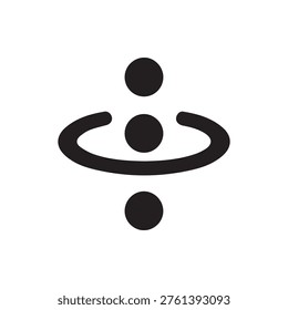 Minimalist black symbol on white background featuring three stacked circles and a horizontal open ring around the middle one indicating interaction or unity.