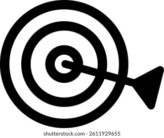 Minimalist black target icon with arrow in center. Perfect for goal achievement, business strategy, marketing, or success concept