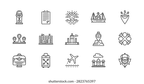 Minimalist black thin line icon set including lighthouse, maritime ship, sunset, urban architecture, airplane, electric vehicle charging, and industrial fuel storage on white background.