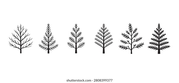 Minimalist Black Tree Icons Set Featuring Various Conifer and Deciduous Shapes in Line Art Style.