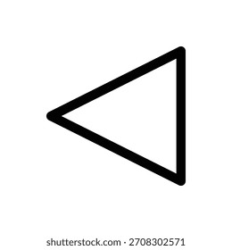 Una forma de triángulo negro minimalista que forma una flecha que apunta a la izquierda sobre un fondo blanco. Música y medios de una sola línea icono de diseño de interfaz de usuario.
