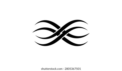 A minimalist black tribal graphic element featuring intertwined symmetrical flowing lines isolated on a white background