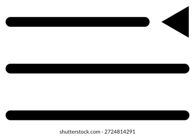 Icono de IU negro minimalista con tres barras Horizontales y un triángulo orientado a la izquierda. Perfecto para menús de navegación digital, interfaces de App y Diseño web para significar una acción de retorno.