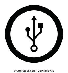 A minimalist black USB icon centered in a circular frame, representing universal serial bus technology, data transfer, digital connectivity, and modern computing hardware.