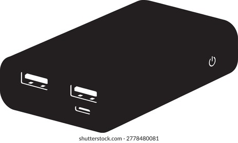 Minimalist black USB power adapter showing two output ports for charging devices