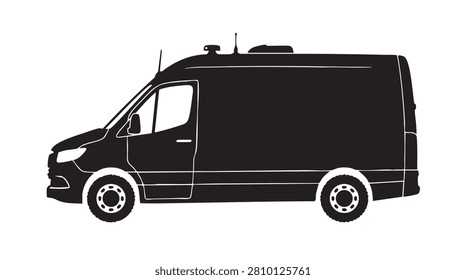 Minimalist black van icon with antennas and gear, utility vehicle profile for logistics and commercial delivery projects, sleek transport graphic.