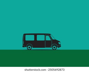 A minimalist black van on a teal and green background, with simple lines and shapes.