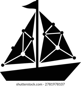 Minimalist black vector graphic illustration of a modern sailboat featuring geometric connection nodes on the sails designed for creative digital projects and artistic branding