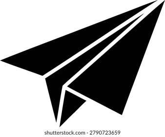 Minimalist black vector graphic illustration of a classic folded paper airplane soaring upward, symbolizing communication, travel, and imaginative freedom.