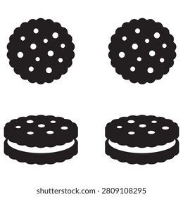 Minimalist black vector graphic illustration featuring circular sandwich cookies with white cream filling and textures